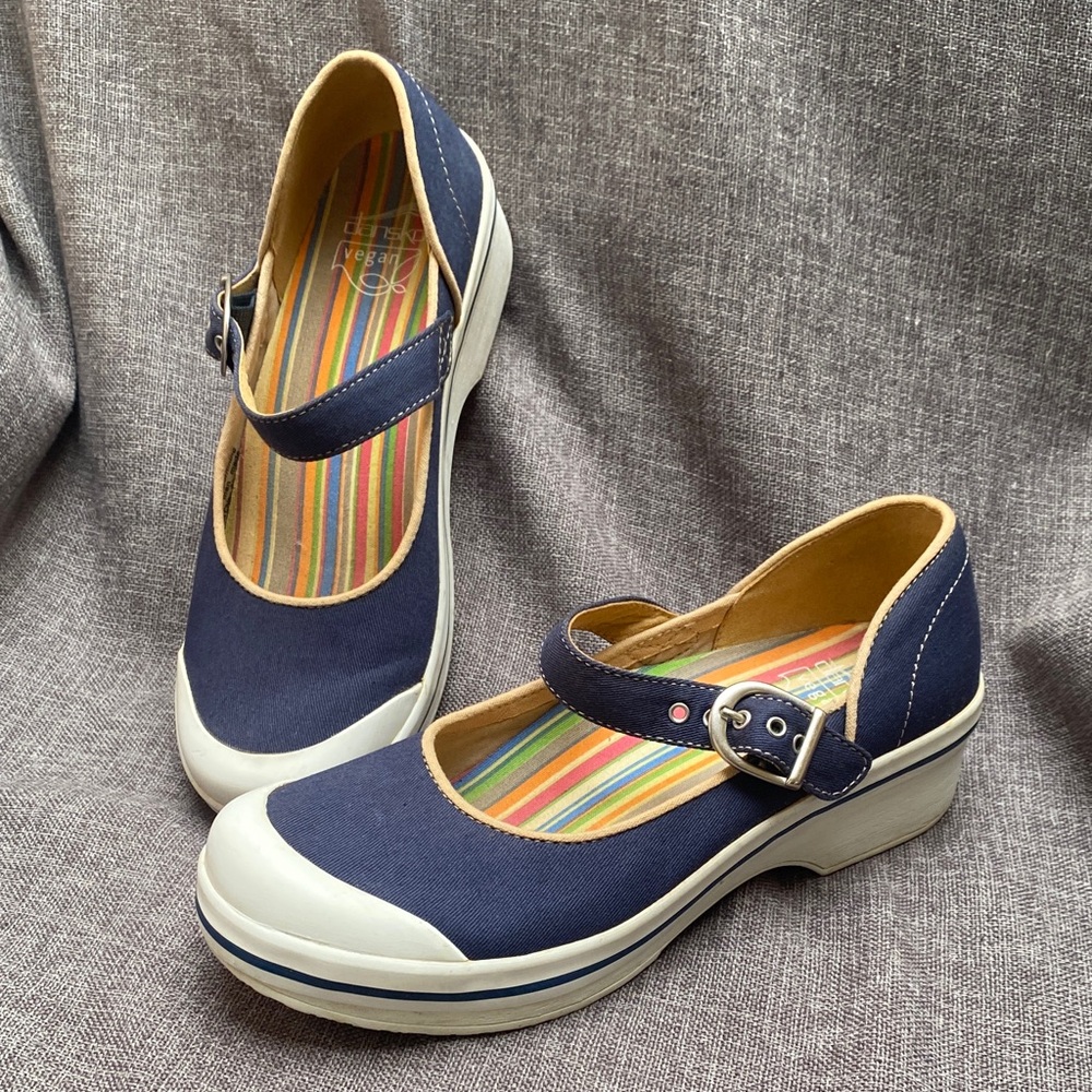 Dansko Size 38 Valerie Vegan Mary Jane Clogs Navy Blue Canvas
